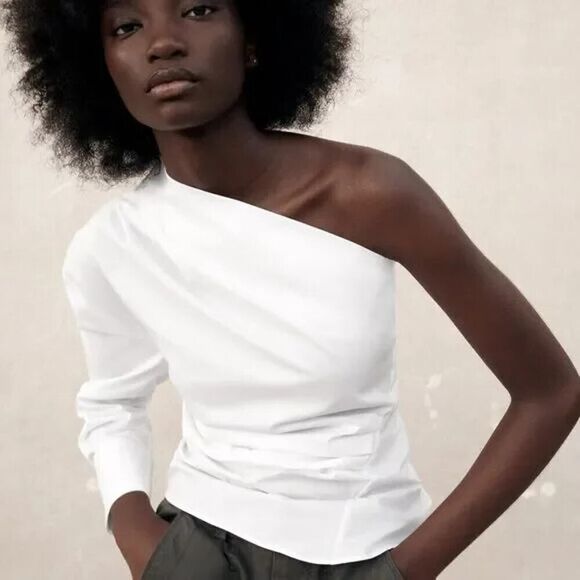 NEW! ZARA ASYMMETRIC POPLIN WHITE TOP ONE SHOULDER size Medium - Picture 1 of 6
